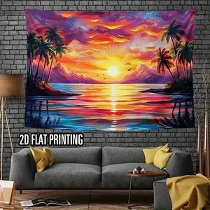 1pc Polyester 2D Flat Printing Sunset Palm Tree Backdrop - Vibrant Beach Scene with Golden Sunset, Serene Ocean, Tropical Palm Trees - Easy Hanging Home Decor, Birthday Party Supply