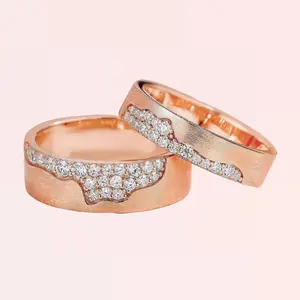 RegalGemWorks Brushed Rose Gold Moissanite Pave Couple Ring Set (2 Pieces), Matching Wedding Bands, Anniversary Gift, Promise Rings for Him & Her, Dainty Brushed Design, Custom Couple Jewelry