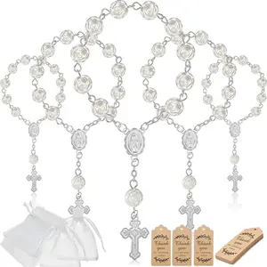 30pcs Baptism Favors Set, Acrylic Rosary Beads Faux Pearls, Silver Color Rose Color, Wedding Party Favors, Thankyou Cards Included