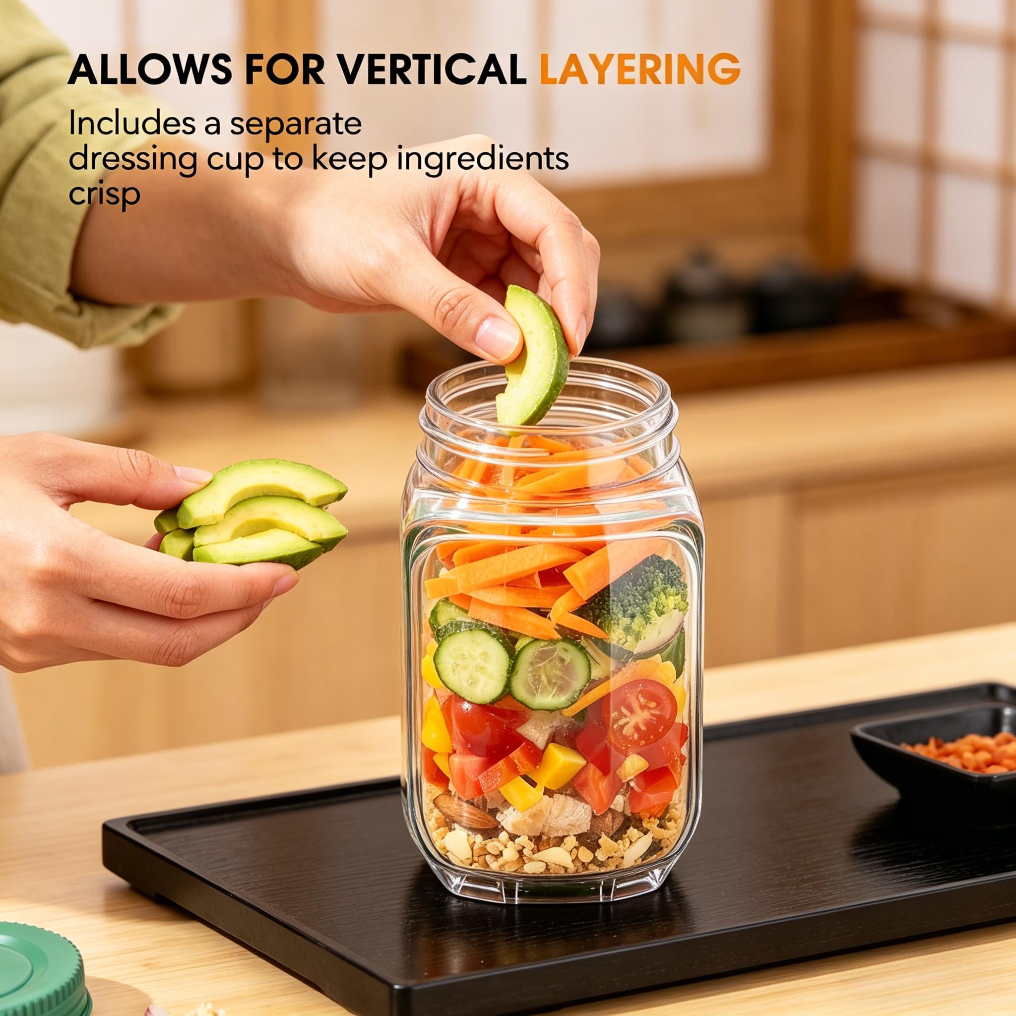 Salad Bottle Jar Side Open | Salad Jar Built-in 2.5 oz Dressing Container with Cover | Upgraded Leak-proof Portable Pod Jar | Microwave, Dishwasher & Freezer Safe, Reusable,Suitable for office workers