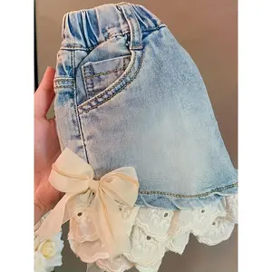 Casual Shorts for Girls Featuring Lace Jeans And a Bow, Perfect for Summer Fashion