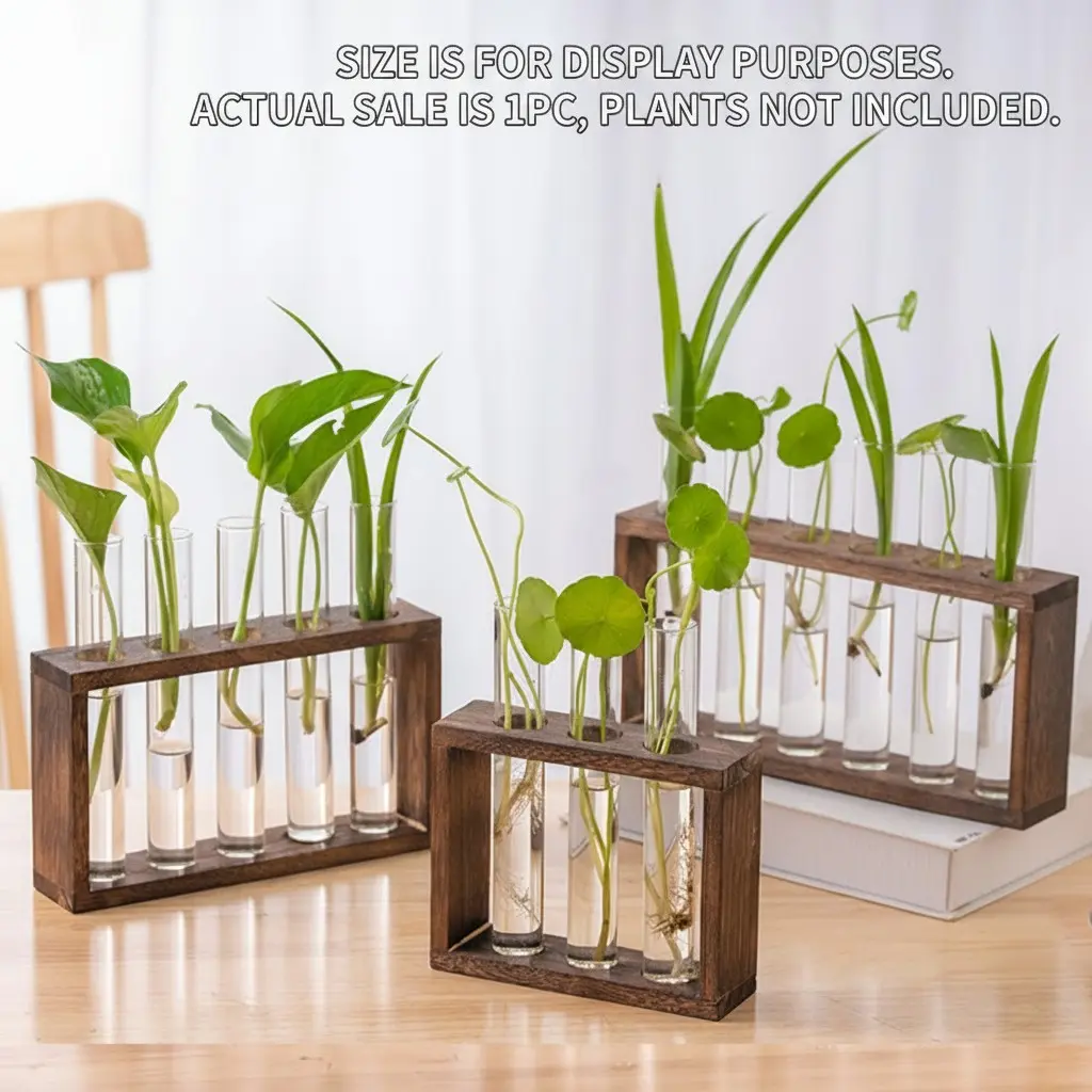 Glass Plant Propagation Station with Wooden Planting Stand, Wall-Mountable, Includes 3/5/6 Tube Glass Vials, Creative Decor for Office, Living Room, Study, Wall Plant Holder, Indoor Wall Planters