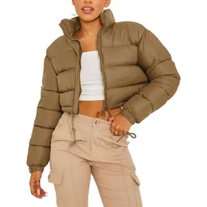 Women's Cropped Puffer Jacket Winter Warm Zip Up Stand Collar Short Down Bubble Coat with Pocket