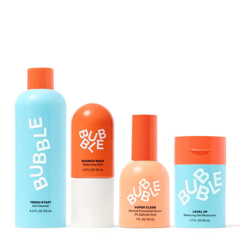 Bubble Skincare 4-Step Anti-Acne Skin Care Kit, Lavender Cleanser, Hydrating Moisture Serum for Acne-Prone Skin