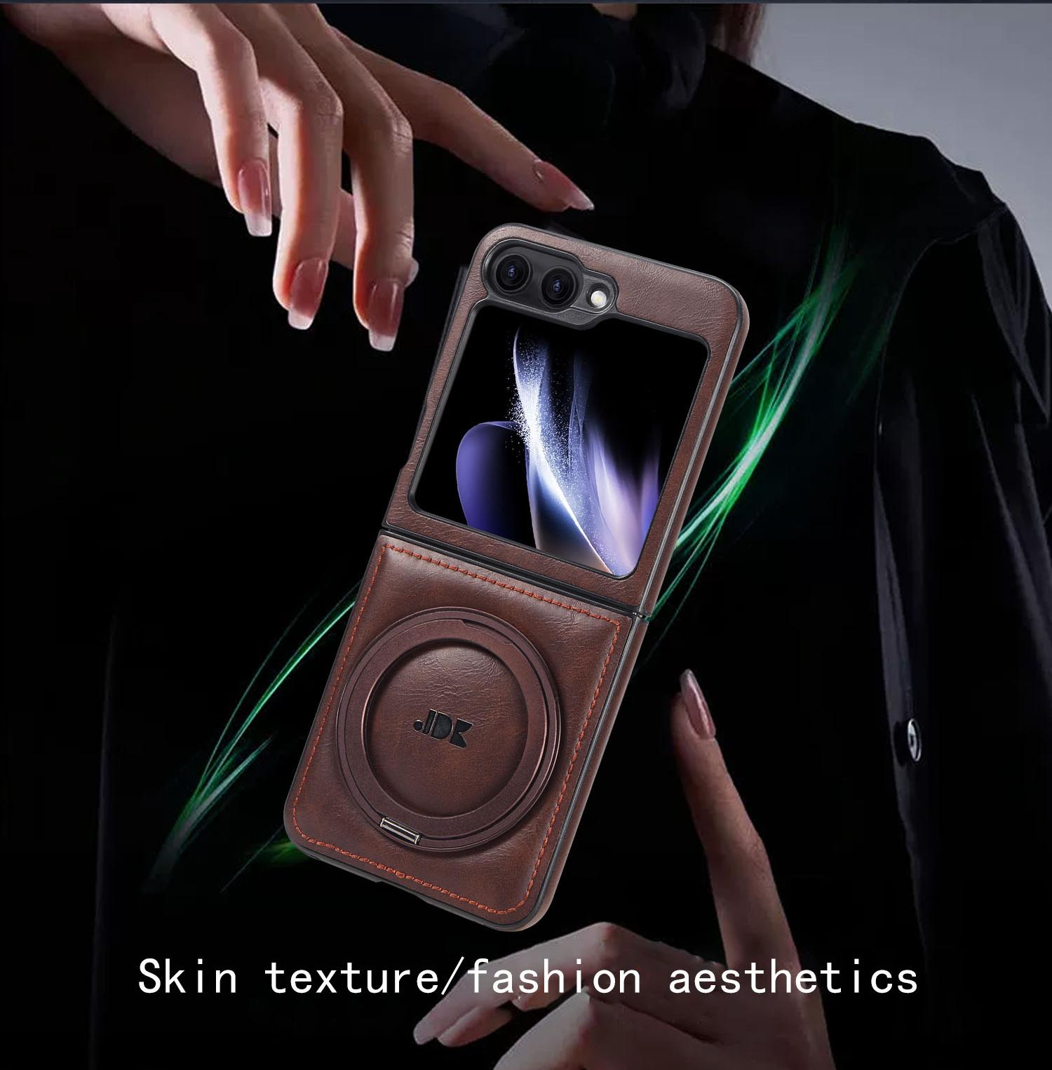 Metal 360° Rotating Stand Phone Case for Samsung ZFlip7/ZFlip6/ZFlip5/ZFlip4/ZFlip3 Foldable Screen Magnetic Skin-Friendly Leather Texture Business Full Shockproof Protective Cover