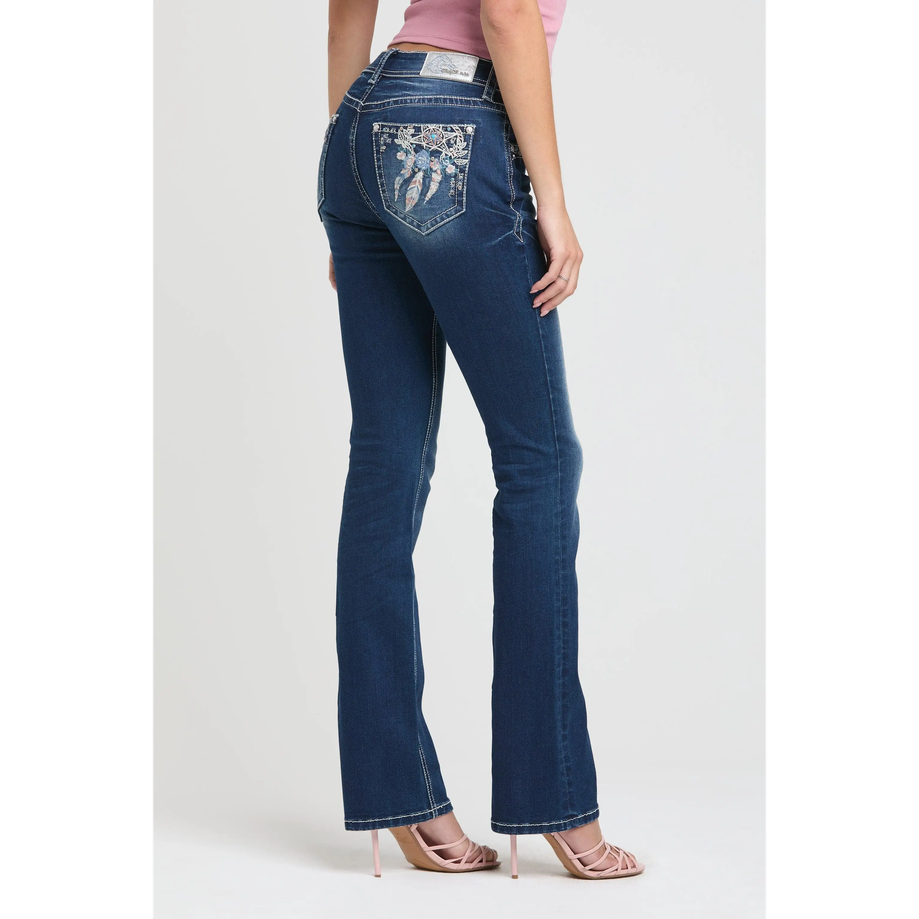 Dream Catcher Colored Embroidery Bootcut Jeans for Women - Medium Blue Wash Mid Rise Turquoise Denim