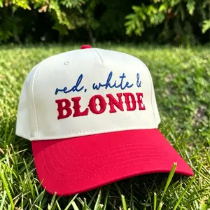 Women's Red White & Brunette Embroidered American Flag Trucker Hat - 4th of July Patriotic Adjustable Snapback, Country Girl Summer Party Hat