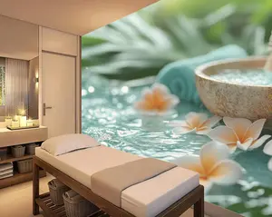 Tropical Spa Peel and Stick Wallpaper - Relaxing Water, Plumeria Flowers, Towels, and Zen Decor Mural for Salon and Spa, Massage Room