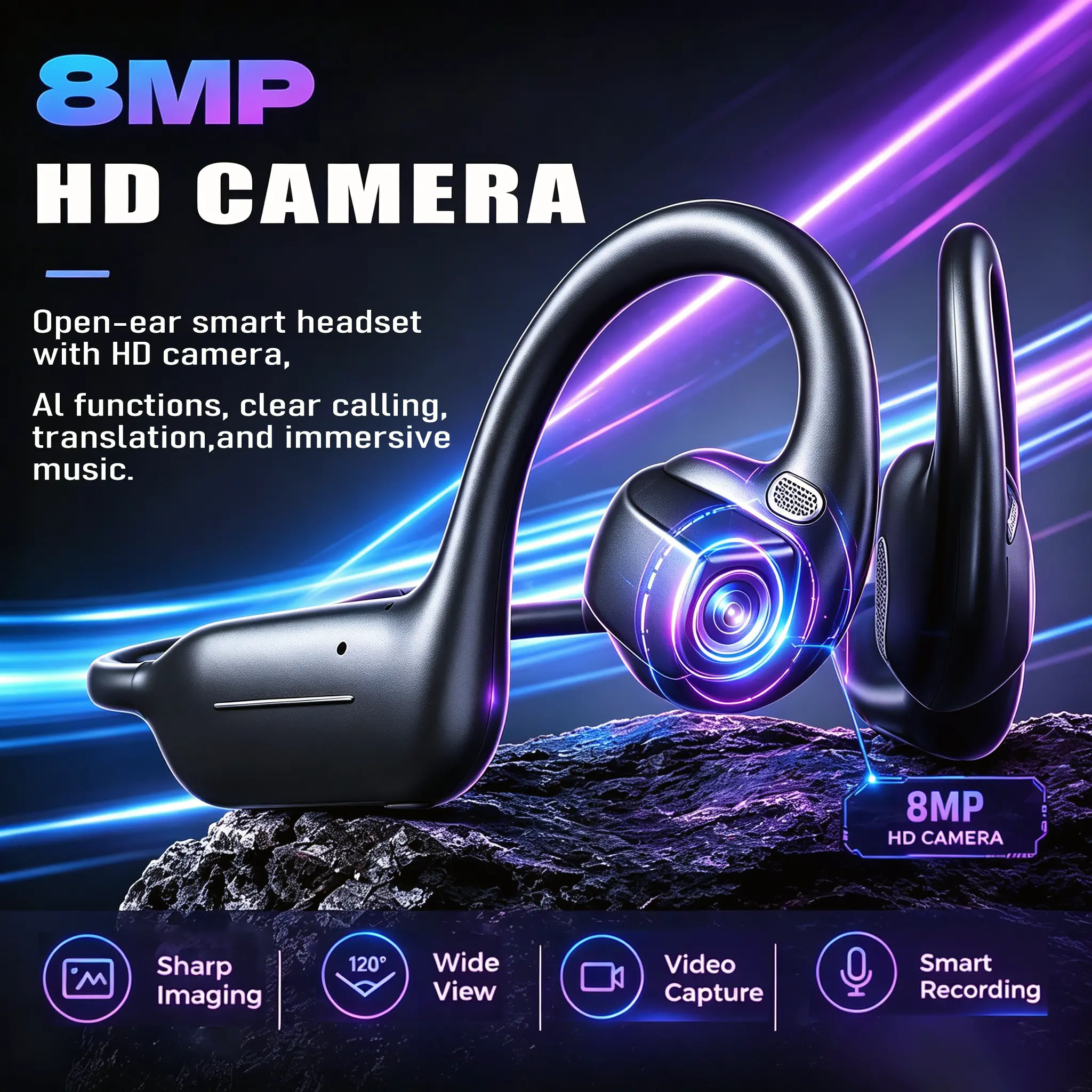 Wireless Open-Ear Air Conduction Headphone & Headset - Electronic Audio Device with 8MP EIS Camera, AI Smart Conversation Support, HD Video, HD Voice, 160+ Languages Instant AI Translation