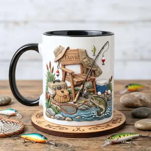 Personalized Fisherman Accent Mug 2D Printed 3D Effect Fishing Lure Coffee Cup, Custom Name Gift for Dad Grandpa, Durable Ceramic Mug for Fishing Lover Outdoor Enthusiast, Father’s Day Birthday Appreciation Gift Idea for Him