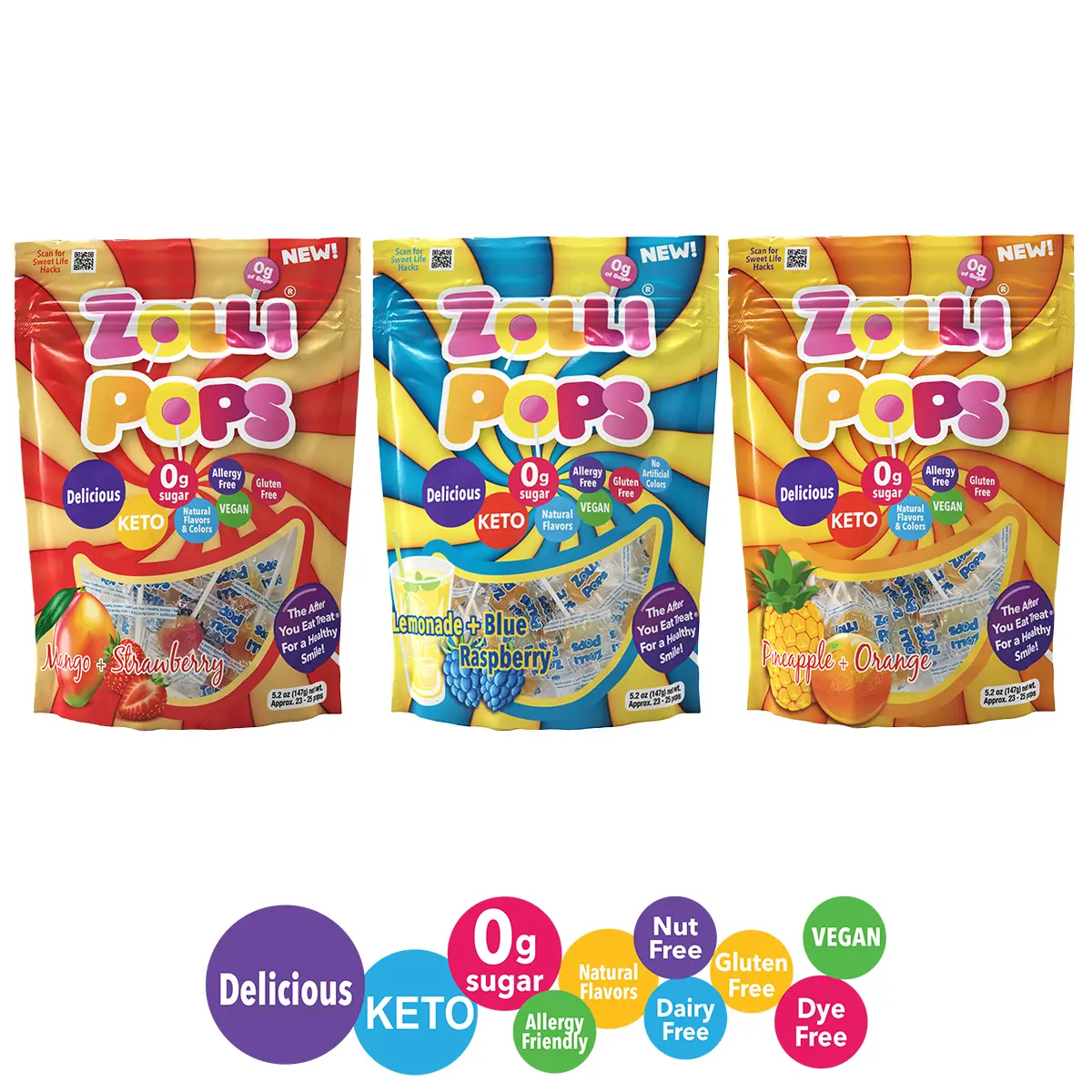 Zolli 69-ct Sugar-Free Fruit-Swirl Zollipops Candy Mix - Stevia-Sweetened Low-Sugar Natural Snack for Mom, Lunch Box & Classroom Mom Candies
