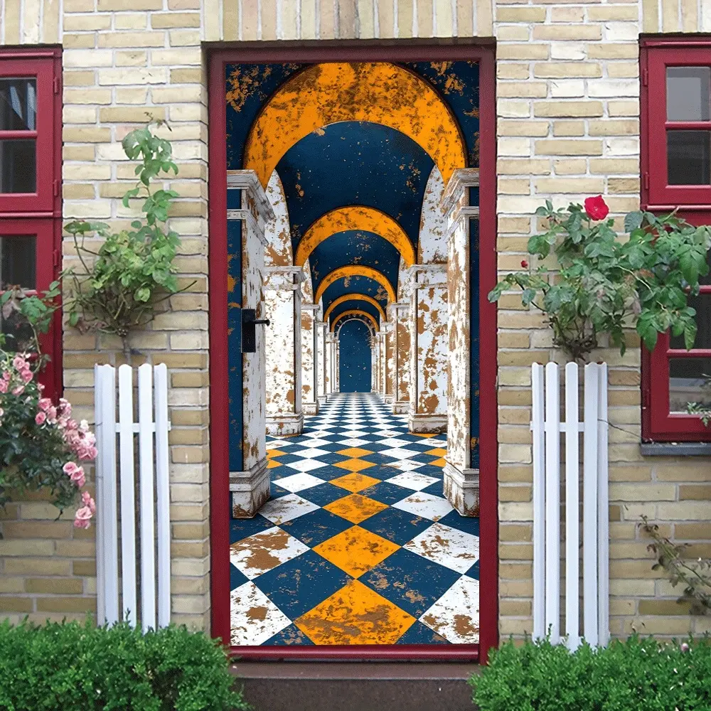2pcs Vintage Archway Corridor Wall Sticker Stereoscopic Visual Extension Decal Self Adhesive Removable Classical Architecture Style Wallpaper Blue Yellow Checkerboard Column Mural for Living Room Decor
