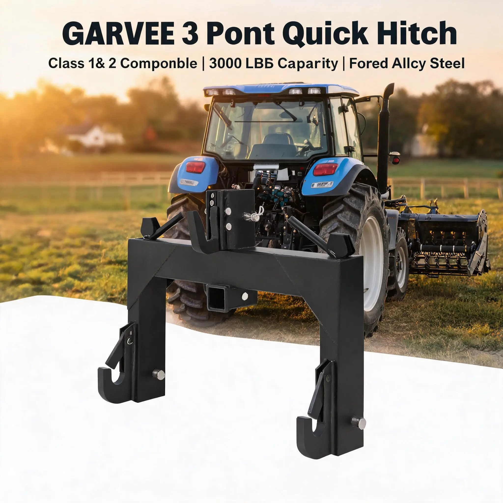 【Fathersdaygift】GARVEE 3 Point Quick Hitch, designed for tractors with a robust 3000 lbs lifting capacity. Available in vibrant colors, it's perfect for efficient and reliable agricultural tasks.