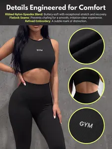 Women's Sporty Two-Piece Set, Seamless High-Elastic Fabric, Crop Top & Yoga Pants, All-Seasons, Comfortable & Stylish, Workout Ribbed, Fitness Outfit