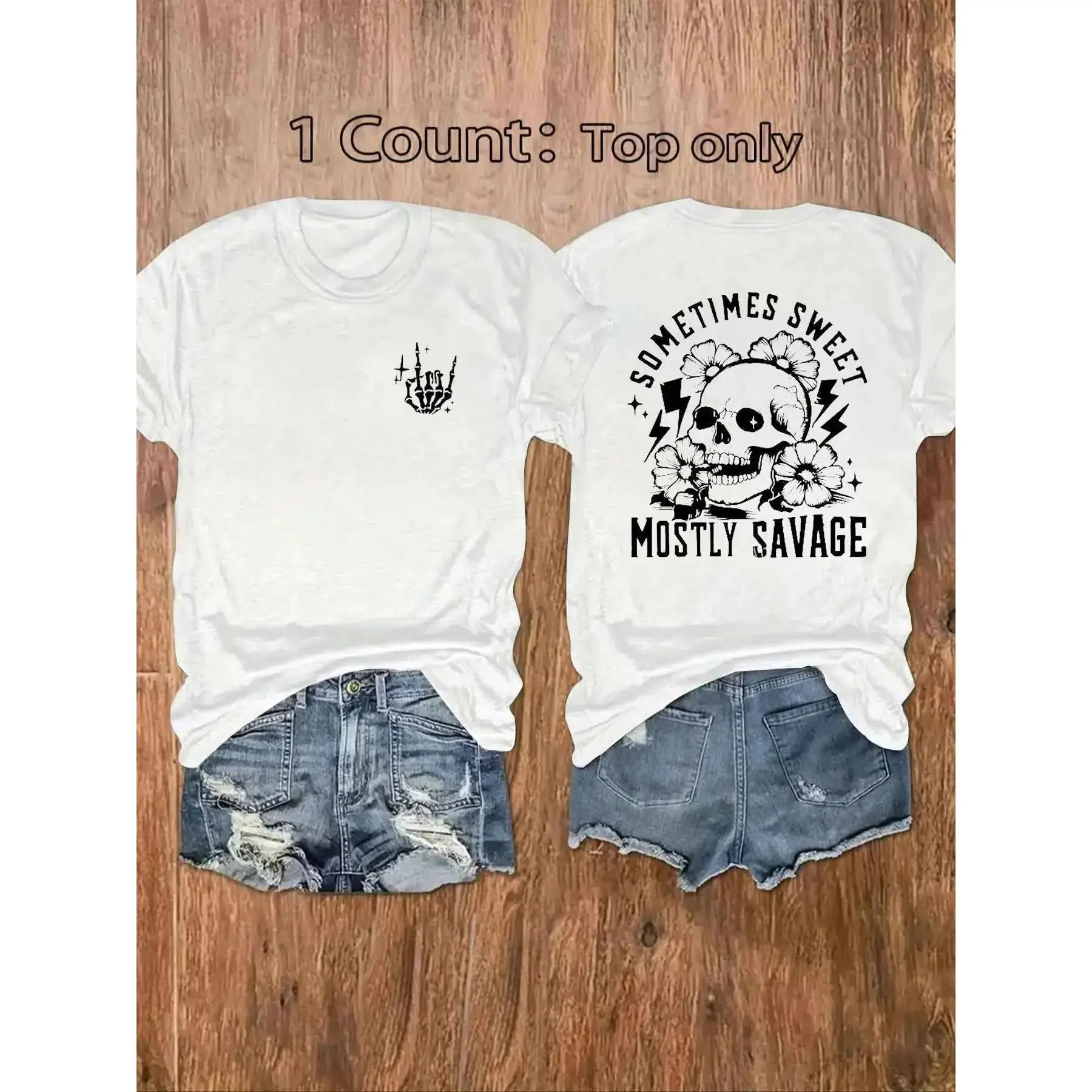 Women's Short Sleeve Round Neck Fitted T-Shirt - Lady, Letter & Skull Print, Initial-Themed, Vintage Edgy Alternative Style Alt Girls Dark Aesthetic Casual Summer Top