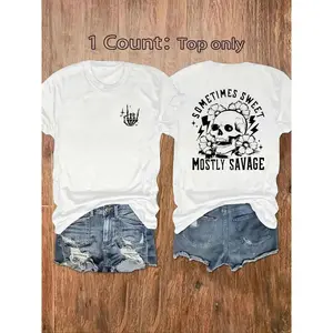 Women's Short Sleeve Round Neck Fitted T-Shirt - Letter & Skull Print Vintage Edgy Initial-Themed Skeleton Streetwear Clothes, Casual Summer Daily Wear Graphic Tee