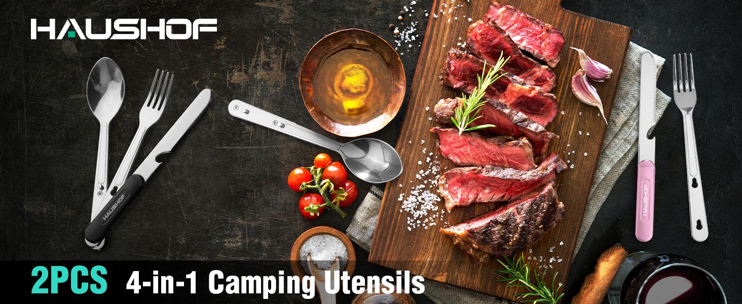#backtoschool HAUSHOF 2-Pack 4-in-1 Camping Utensils, Stainless Steel Camping Eating Utensils with Carrying Bag, Detachable Spoon, Fork, Knife, Bottle Opener - Travel Utensil Set for Hiking, Picnic, Barbecue
