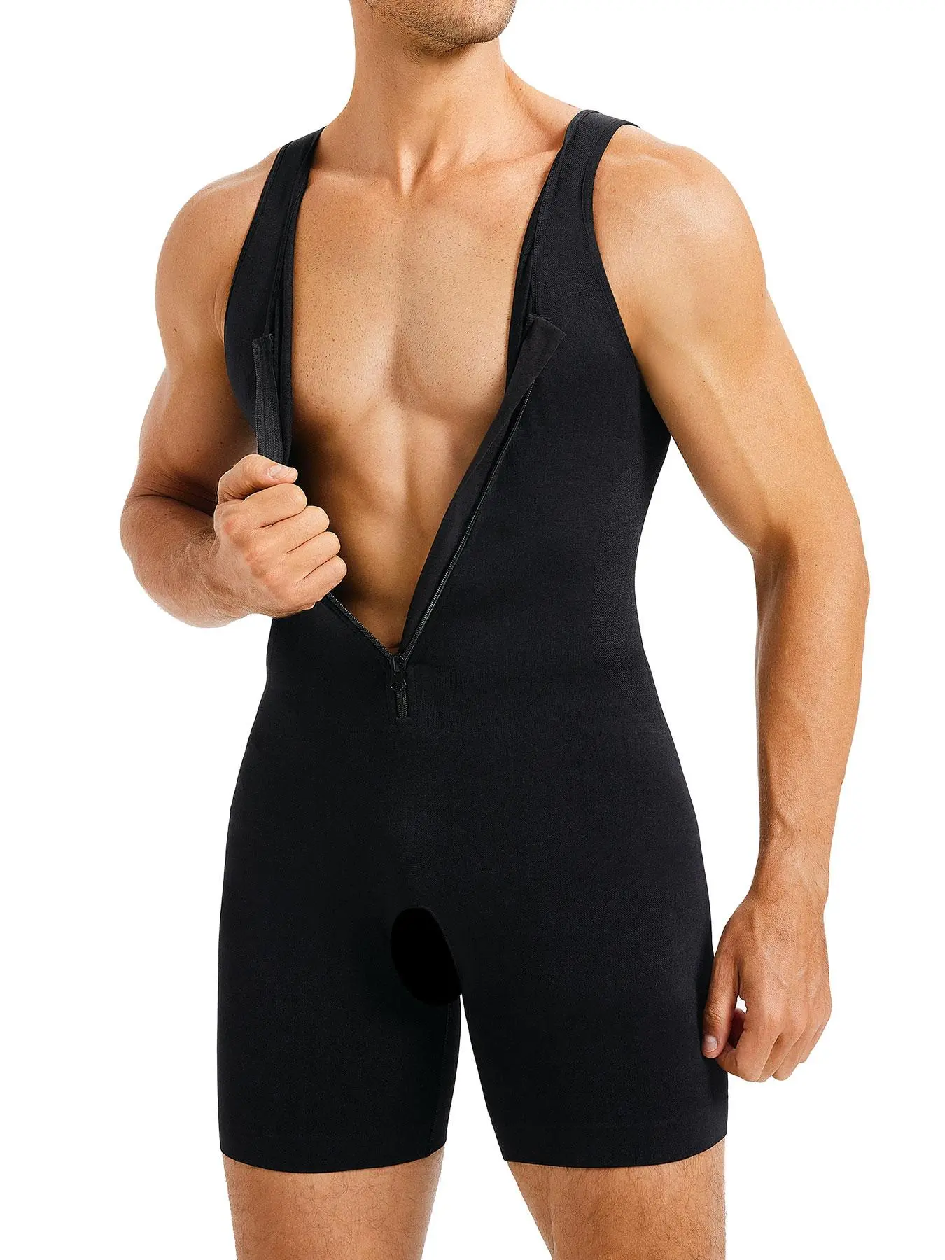 Men's Solid Zipper Bodysuit, Adjustable Zipper Waist Control Shapewear, High Stretch Tummy Control Shapewear for Men, Compression Shirts Full Body Shapewear for Men, Adjustable Zipper Shaper