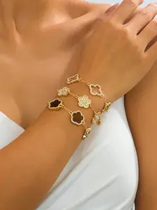 3pcs Luxurious High-End Clover Sparkling Rhinestones Decor Bracelet Set, Brown & Gold, Elegant & Sweet Women Bracelet Set, Stackable/Versatile, Rhinestone Decorated Bangle, Stacked Design Bracelets