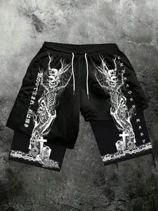 Men's Gothic Skull Print Two-In-One Gym Shorts, Summer Fashion Streetwear, Casual Fitted Gym Outdoor Campus Style, Streetwear Sports Shorts