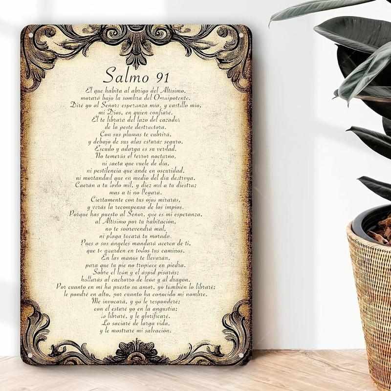 1pc 12x8inch Aluminum 2D flat Decorative Sign & Plague Vintage Psalm 91  Wall Sign, in - Spanish Inspirational Religious Decor with Ornate Frame, Home Prayer Room & Holiday Celebrations ('s Day//Easter/Valentine's), In 8X12Inch/20X30Cm