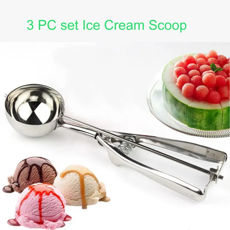 Yokoma 3 Piece Ice Cream Scoop,Stainless steel Fruit DIY spoon Spring Handle Masher Cookie Scoop Kitchen Utensils Shaped Watermelon