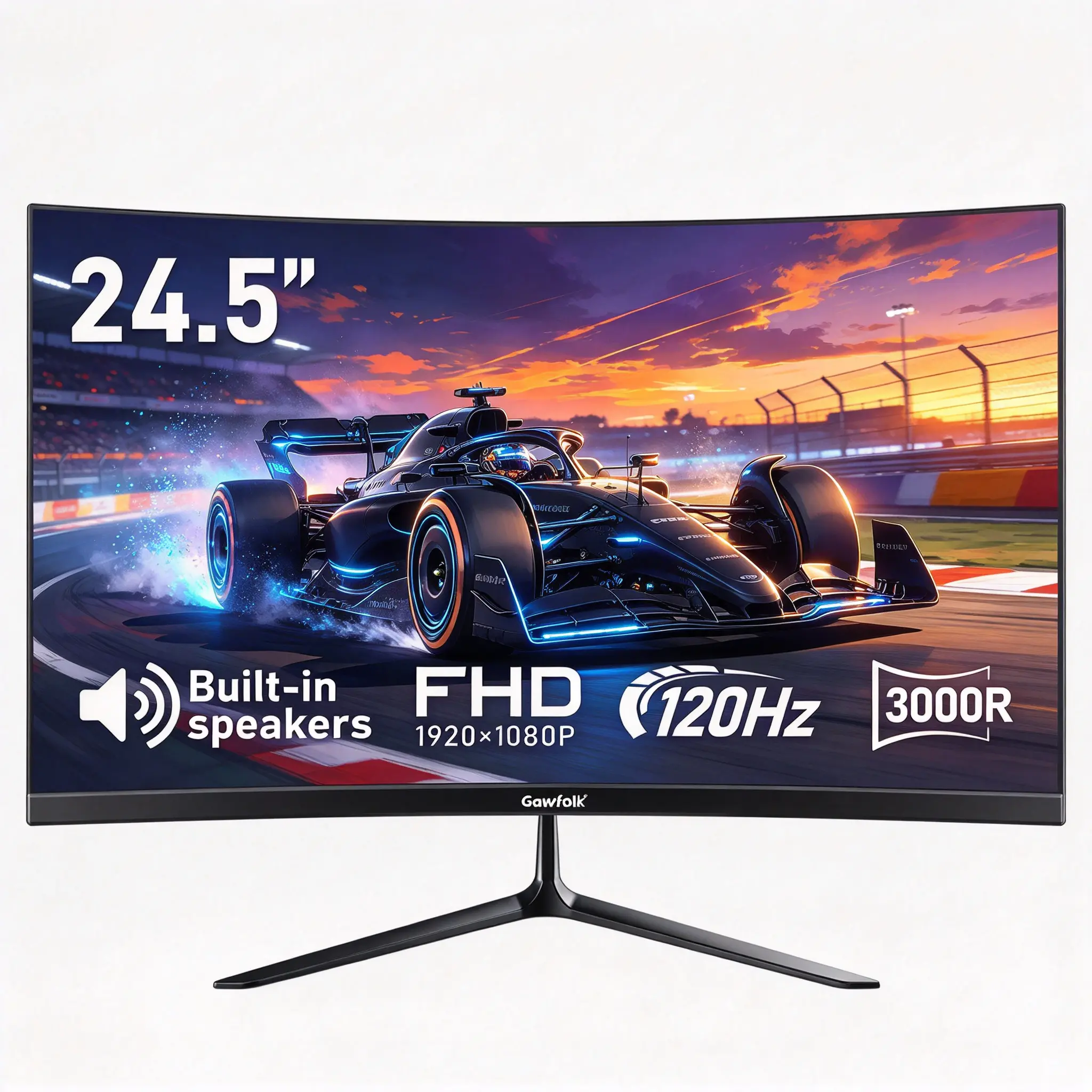 Gawfolk 24.5" Curved Gaming Monitor - FHD 1080P 120Hz VA Panel, 3000R Immersive Curve, Built-in Stereo Speakers, Low Blue Light, Flicker-Free, HDMI/VGA Ports, 75x75 VESA Mount for Gaming & Home Office, Monitors