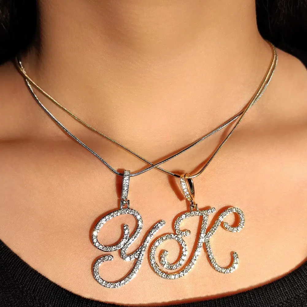 A-Z Initial Cursive Letters Pendant Necklace For Women Gold Silver Color Shiny Rhinestone Metal Chain Necklace Jewelry Gift