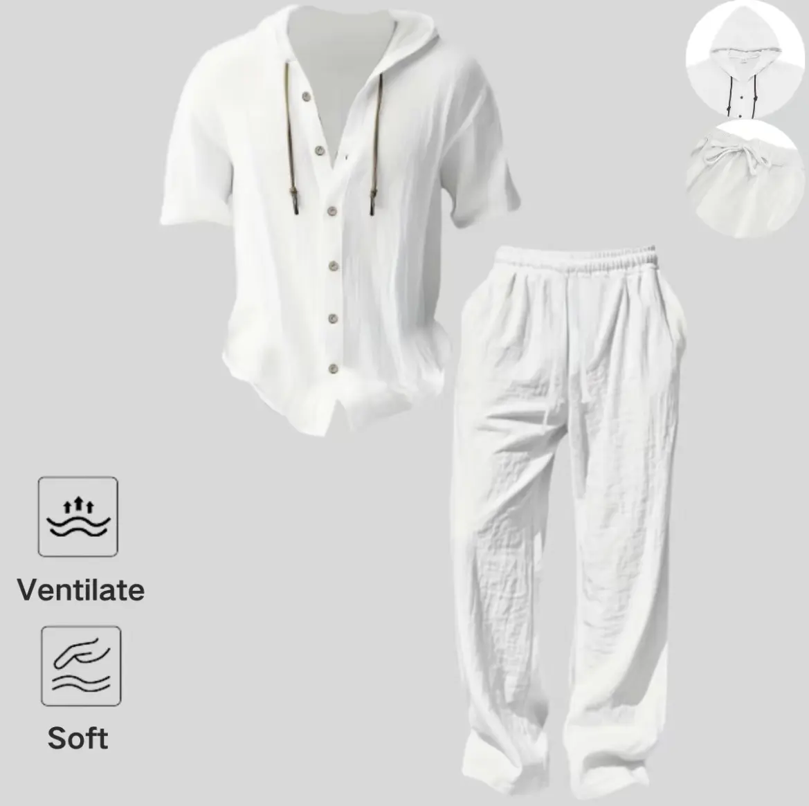 Men’s lightweight two-piece set with a hood, casual vacation style, loose and breathable thin fabric, hooded sweatshirt and wide-leg pants, for summer wear, Menswear, Stylish