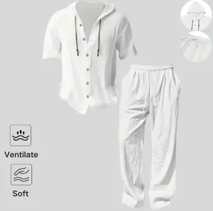 Men’s lightweight two-piece set with a hood, casual vacation style, loose and breathable thin fabric, hooded sweatshirt and wide-leg pants, for summer wear