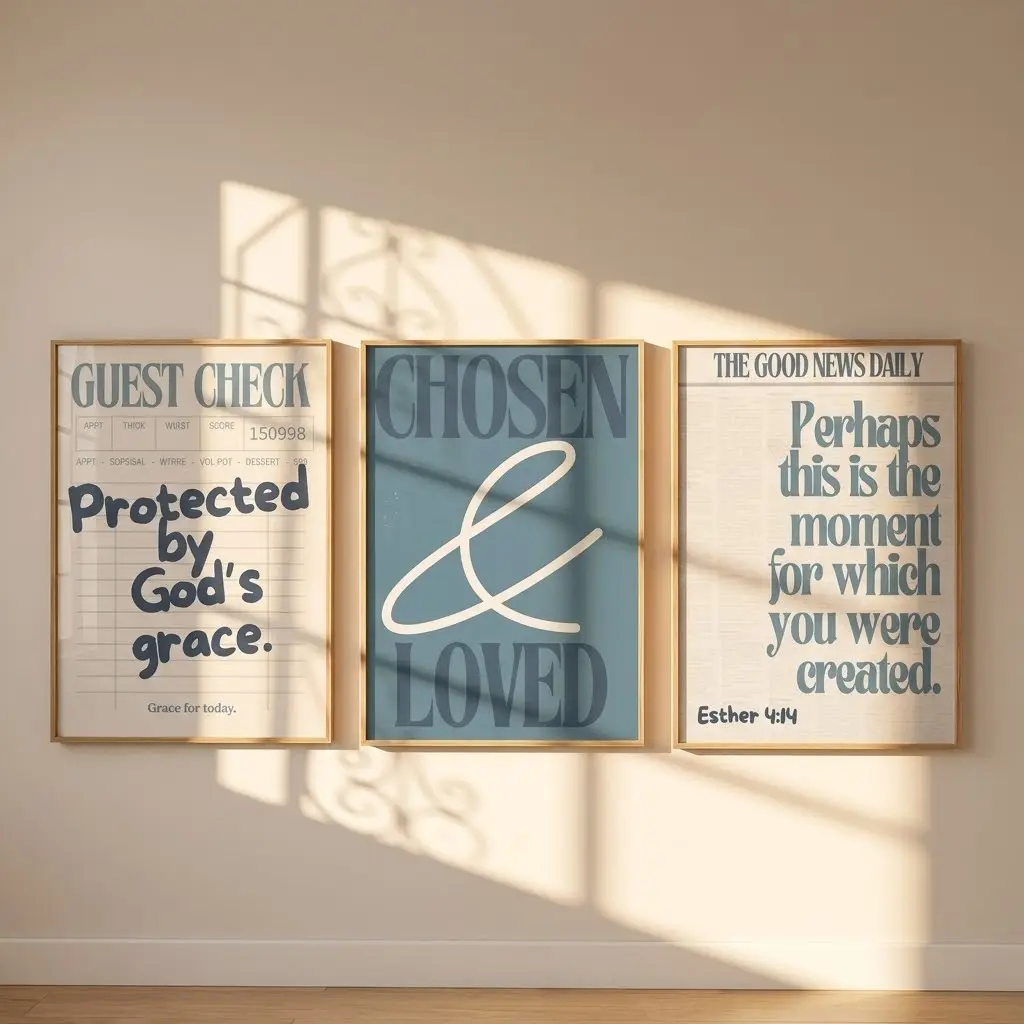 Blue Christian Wall Art Set of 3 - No-Frame Bible Verse Prints, Chosen & Loved, God’s Grace, Esther 4:14 Faith Bedroom Decor