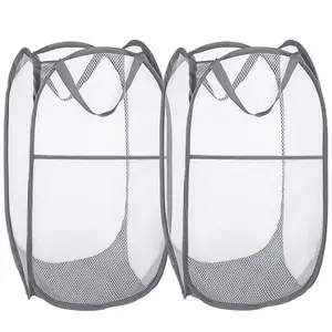 LMMAKE 2Pcs Collapsible Mesh Pop Up Laundry Hamper with Wide Opening & Side Pocket Breathable Sturdy Space Saving Design for Clothes Storage Black Hamper for Travel & Home Use