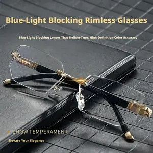 High-end frameless anti-blue light reading glasses for men and women, metal diamond-cut glasses with prescription lenses for middle-aged and elderly people
