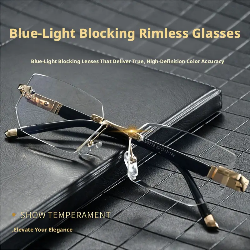 Elegant Rimless Reading Glasses for Women, Diamond-Cut Metal Temples with Photochromic Anti-Blue Light Lenses, Photochromic Lens, Unisex, Unframed, Blue-Light Filtering For Calmer Eyes, Single Item, Semi Rimless, Eyewear Fashion, Resin, Glasses Blue Light