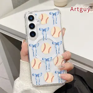 Ribbon and Baseball Pattern Pattern Magnetic Phone Case for  Samsung GalaxyS26  S23 Ultra S24 Plus FE S25 S22+ Non-Yellowing Clear Crystal Drop-proof Slim Silicone Shockproof Transparent Acrylic Large Hole Cover Supports Wireless Charging