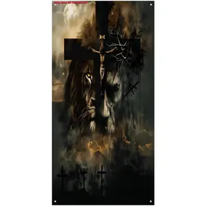 1pc 2D falt door banner,Lion And Cross Door Cover Doors Decorations Door's Banner Decor Porch Sign Background for Front Door Party