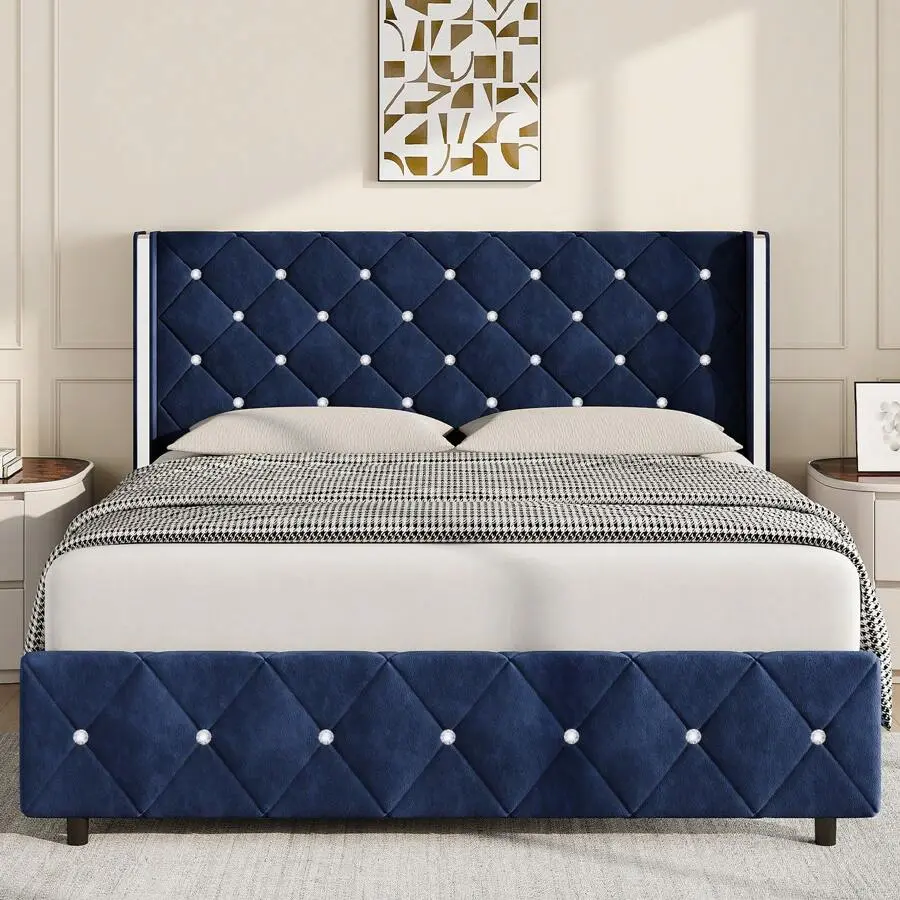 With Wingback Headboard, Upholstered   With Diamond Headboard And Footboard, Velvet  Modern  , Easy Assembly, Purple/ Blue/ Pink/ White/ Black/ Green, Twin/ Full/ Queen/ King LED Cloud Bed Frame, Self-Assembling Bed Frames, Wingback Panel Bed