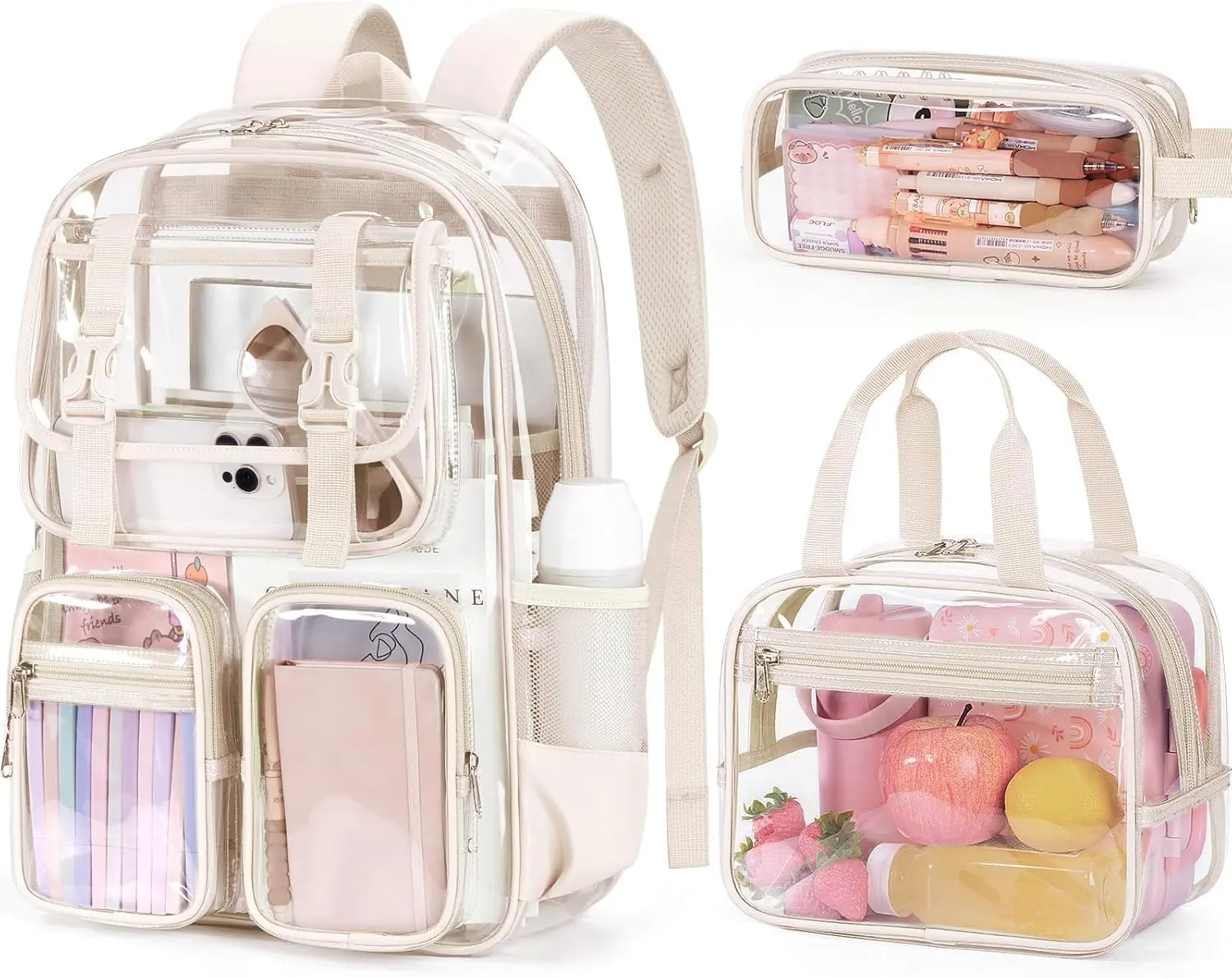 Fimibuke Clear Backpack for Girls - 3 PCS Heavy Duty Kids Clear Bags Schoolbag Large Transparent PVC Bookbag with Lunch Box Pencil Case Set for Travel School Concert Stadium Events Backpacks