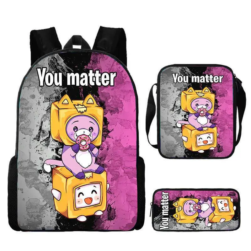 3 In 1 Lankybox Cute Purple Cat Box Character Backpack Set, Girls Pink Grey Graffiti Oxford School Backpack Crossbody Bag Pencil Pouch Kit