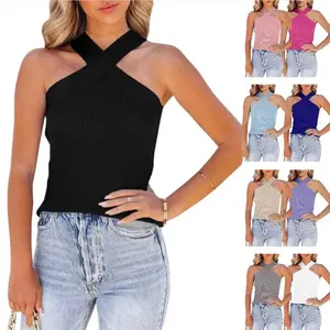 Imily Bela Womens Criss Cross Halter Sweater Vest Tops Summer Sleeveless Pullover Casual Lightweight V Neck Knit Tank Top Black Minimalist tank tops