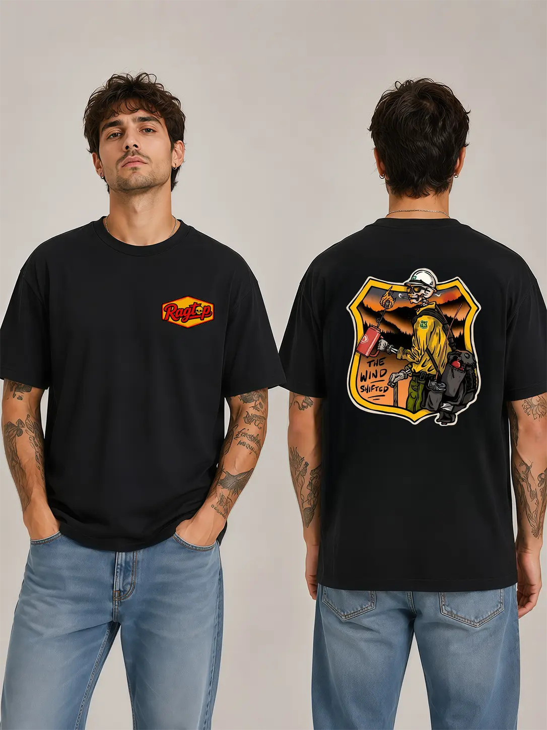 [Graphic T-Shirt] firefighter shirt - Ragtop Wildland Firefighter The Wind Shifted Skeleton Graphic Tee, Drip Torch Wildfire Rescue Design, Vintage First Responder Inspired Apparel,cotton tee,printed shirts for men