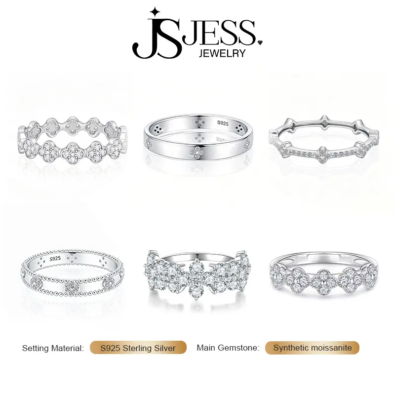 【Clover Band】DE Color VVS1 Full Moissanite 4-Leaf Clover Beautiful Unique Ring, S925 Sterling Silver with 18K White Gold Plating, Versatile Layering Engagement Wedding Beautiful Unique Rings Jewelry, Beautiful Rings, Elegant Everyday Ring, Adults