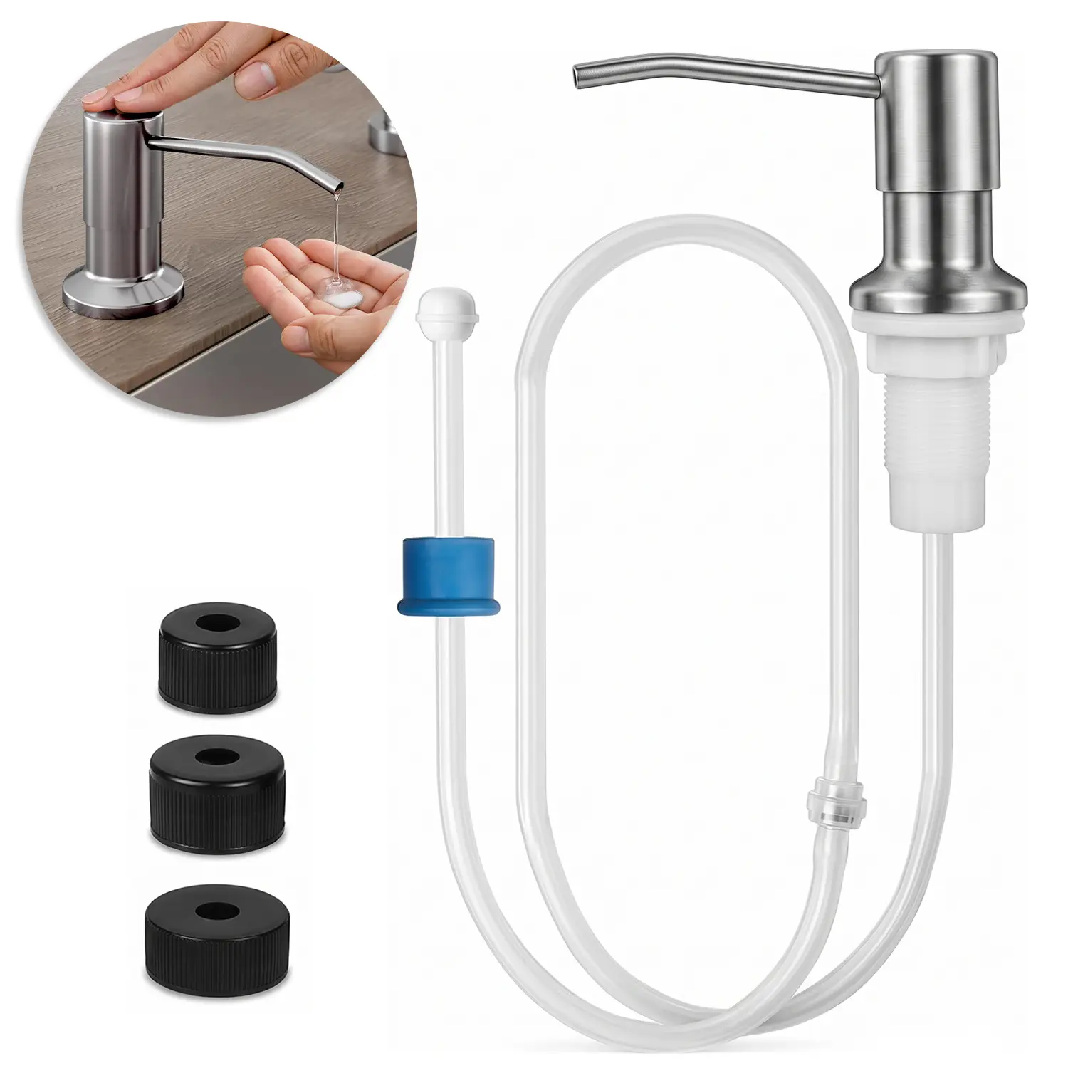 Stainless Steel Hand Soap Dispenser for Kitchen Sink - Countertop Pump Bottle with 47" Extension Tube Kit, Easy Installation for Kitchen & Bathroom, Reduces Frequent Refills