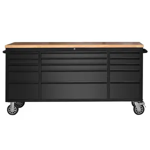 Heavy-Duty 72" Rolling Tool Chest - 15-Drawer Steel Storage Cabinet & Workbench - Key Lock, Drawer Liners, Rubber Wood Top - Garage & Workshop Organizer, Black