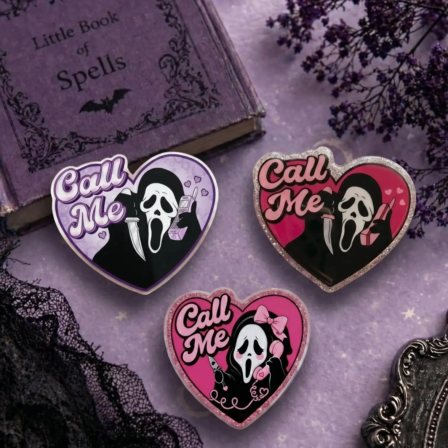 Horror Mask Phone Grip With Call Me Heart Design, Gothic Pink Butterfly Style Phone Holder, Cute Coquette Slasher Griptok For iPhone Android