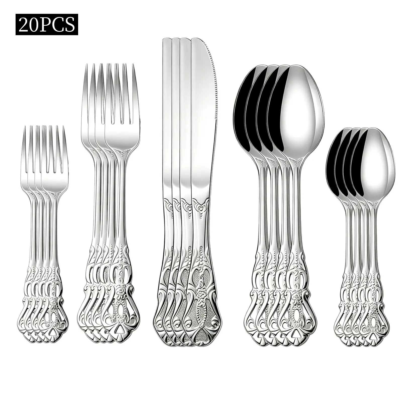 20-Piece Silver/gold Stainless Steel Cutlery Set, Tableware Sets, Royal Luxury Hollow Handle, Dishwasher Safe, Party Tableware Set, Ideal for Weddings/festivals/dining Events, Tableware Kit