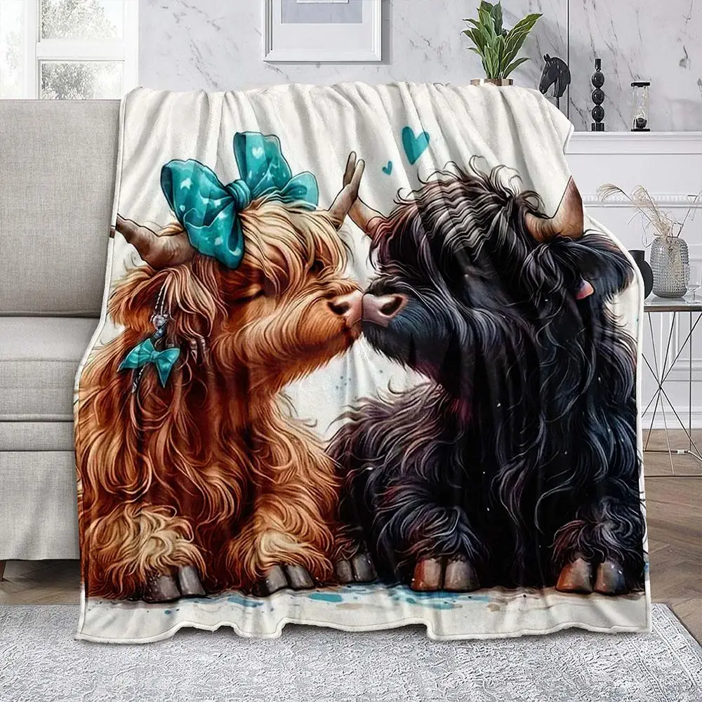Highland Cow Pattern Blanket, 1/2 Counts Soft Comfortable Warm Throw, Air-conditioned Room Blanket, Warm Nap Blanket for Home Office Travel