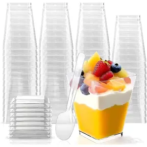 50Pack 5oz Crystal Plastic Dessert Cups with Lids & Spoons - Disposable Square Parfait Cups for Mousse, Tiramisu, Pudding, Party & Catering