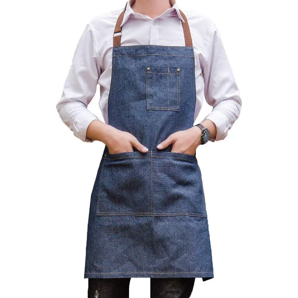 Unisex Lightweight Denim Work Apron with 5 Total Pockets - Adjustable Strap, Breathable Fabric - Lace-Accent Art-Infused Casual Apron for Chefs, Kitchen Cooking & BBQ Use, Adjustable Straps
