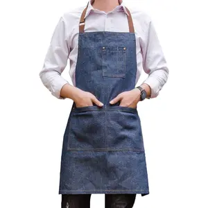Unisex adjustable multi pocket denim apron for chef kitchen bbq and studio